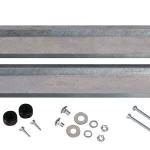 The Justrite Wallmount Kit, 4G Cabinet includes two metal brackets with four holes each, assorted screws, washers, nuts, and two rubber stoppers. The set is organized on a plain white background.