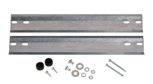 The Justrite Wallmount Kit, 4G Cabinet includes two metal brackets with four holes each, assorted screws, washers, nuts, and two rubber stoppers. The set is organized on a plain white background.