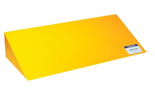 An orange metal wedge with a smooth, triangular sloped top resembles a Justrite Cover. A subtle label on its side emphasizes its link to the Justrite Cover, 12/17/30/40/45G Cabinet safety essentials.