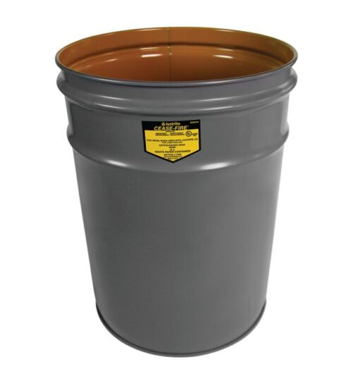 The Justrite Can, CF Drum Only, 6G in gray has an open top with a bronze-hued interior and a striking yellow safety label, enhancing durability and functionality in any setting.