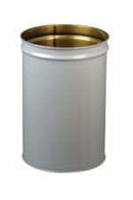A cylindrical, plain metal container with an open top and a reflective gold interior mirrors the sleek design of a Justrite 55G Cf Drum Only, featuring a smooth, silver exterior.