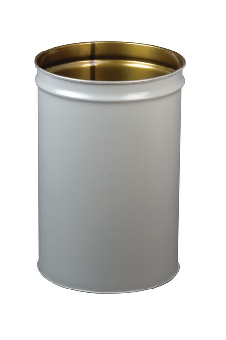26054.jpg A cylindrical, plain metal container with an open top and a reflective gold interior mirrors the sleek design of a Justrite 55G Cf Drum Only, featuring a smooth, silver exterior.