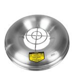 The Justrite Head W/Grill F/Cf Butt Recps is equipped with a round silver lid and a central circular grate. It features a yellow and black warning label, the number 0313, and has a sleek brushed metal finish.