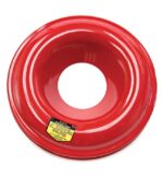 A glossy red metal, doughnut-shaped object from the Justrite Head Stl collection has a central hole and features a small yellow label with text, related to the Cf F/12-15G Drum.