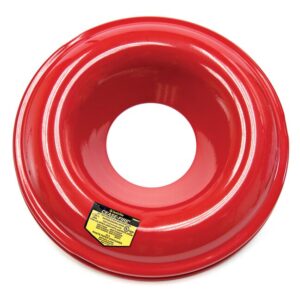 A glossy red metal, doughnut-shaped object from the Justrite Head Stl collection has a central hole and features a small yellow label with text, related to the Cf F/12-15G Drum.