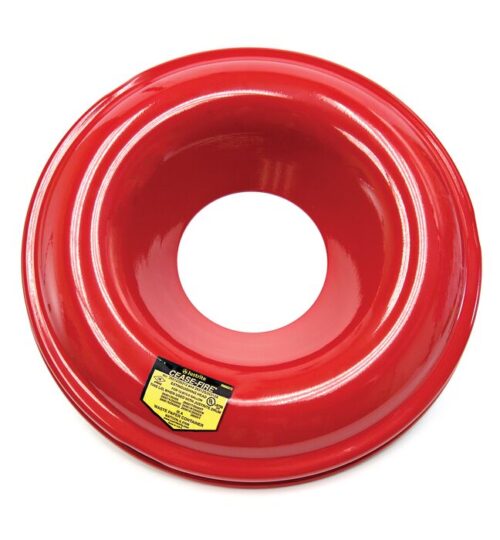 A glossy red metal, doughnut-shaped object from the Justrite Head Stl collection has a central hole and features a small yellow label with text, related to the Cf F/12-15G Drum.