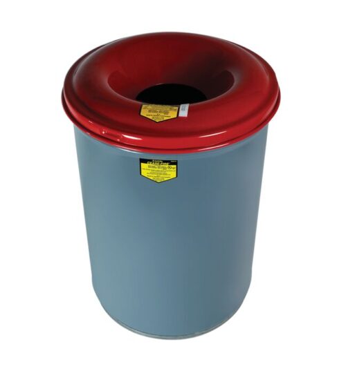 The Justrite Can CF Drum, a 12-gallon waste bin in gray with a red lid and circular opening, features a yellow safety label to ensure secure material disposal.