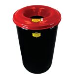 The Justrite Can, Cf Drum W/Head, 15G Gray is a waste container with a red lid featuring a central round opening. Equipped with yellow warning labels, its designed for the safe disposal of oily waste or hazardous materials, ensuring compliance and safety.
