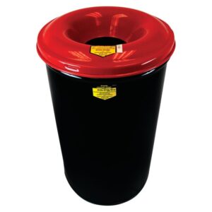 The Justrite Can, Cf Drum W/Head, 15G Gray is a waste container with a red lid featuring a central round opening. Equipped with yellow warning labels, its designed for the safe disposal of oily waste or hazardous materials, ensuring compliance and safety.