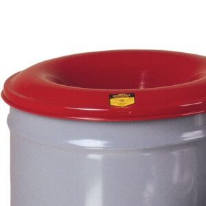 A Justrite Can, resembling a round metal container, features a gray body and red lid with a circular opening in the center. The lid displays a small yellow sign. This 30G Gray Cf Drum W/Head is isolated against a white background.