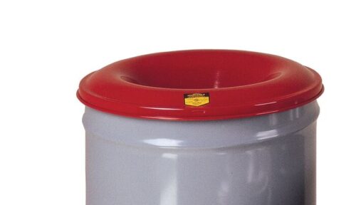 A Justrite Can, resembling a round metal container, features a gray body and red lid with a circular opening in the center. The lid displays a small yellow sign. This 30G Gray Cf Drum W/Head is isolated against a white background.
