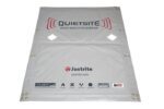 A gray 4 x 6 Justrite Nrb Basic Panel noise reduction barrier lies flat, prominently marked with QUIETSITE, featuring Soundex logos, an American flag, Noise Reduction Barrier text, and various contact and safety icons.