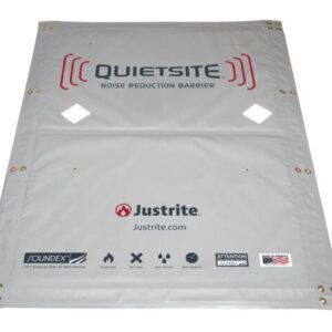 A gray 4 x 6 Justrite Nrb Basic Panel noise reduction barrier lies flat, prominently marked with QUIETSITE, featuring Soundex logos, an American flag, Noise Reduction Barrier text, and various contact and safety icons.