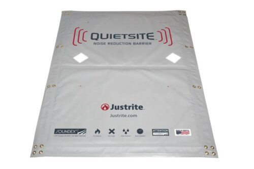 A gray 4 x 6 Justrite Nrb Basic Panel noise reduction barrier lies flat, prominently marked with QUIETSITE, featuring Soundex logos, an American flag, Noise Reduction Barrier text, and various contact and safety icons.