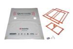 A QuietSite Justrite Nrb,Fk,Prem,Noise Panel,4X6, featuring a large white fabric with company branding, is showcased as a noise reduction barrier. To the right, orange metal frames and small hardware components are displayed for assembly.