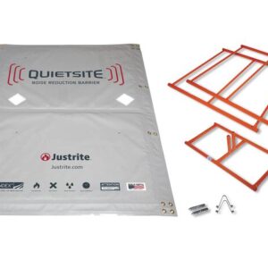 A QuietSite Justrite Nrb,Fk,Prem,Noise Panel,4X6, featuring a large white fabric with company branding, is showcased as a noise reduction barrier. To the right, orange metal frames and small hardware components are displayed for assembly.