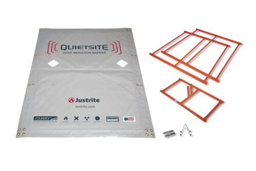 A QuietSite Justrite Nrb,Fk,Prem,Noise Panel,4X6, featuring a large white fabric with company branding, is showcased as a noise reduction barrier. To the right, orange metal frames and small hardware components are displayed for assembly.