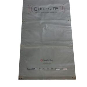 The Justrite Nrb, Basic Panel, 4 x 8, is a rectangular gray noise reduction barrier with the QUIETSITE label. It features the Justrite logo and has metal grommets for easy mounting, ensuring efficient sound control.