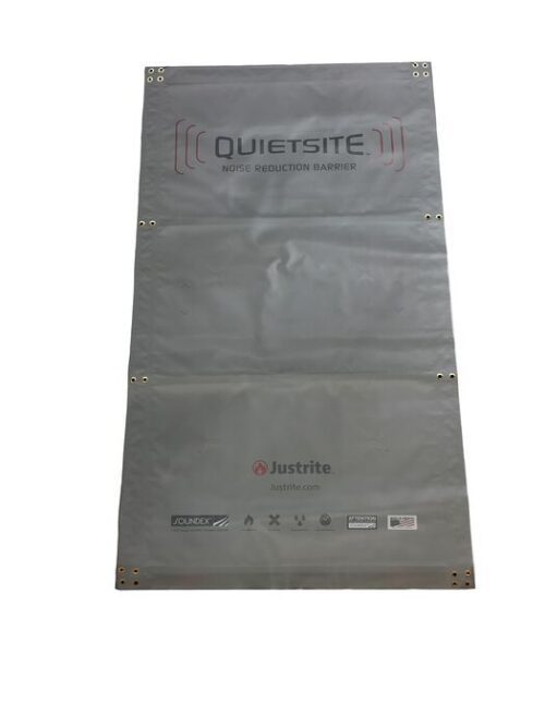 The Justrite Nrb, Basic Panel, 4 x 8, is a rectangular gray noise reduction barrier with the QUIETSITE label. It features the Justrite logo and has metal grommets for easy mounting, ensuring efficient sound control.