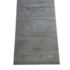 A gray rectangular noise reduction barrier labeled Justrite Nrb features the text QUIETSITE at the top. This premium 4 X 8 panel has grommets along the edges for easy installation.