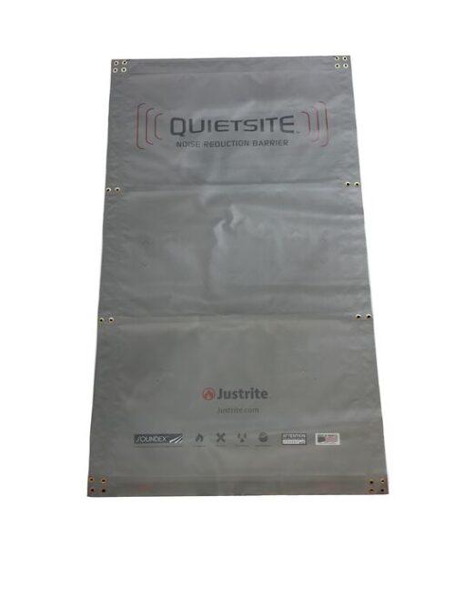 A gray rectangular noise reduction barrier labeled Justrite Nrb features the text QUIETSITE at the top. This premium 4 X 8 panel has grommets along the edges for easy installation.