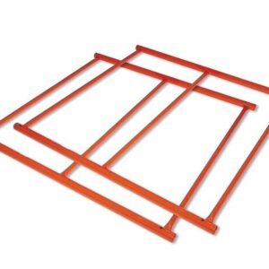 Red metal Justrite Nrb beams, designed for heavy-duty shelving in warehouses, partially overlap on a white background to form a rectangle. They offer robust support and integrate seamlessly with your existing 4, 2Pc Frame.