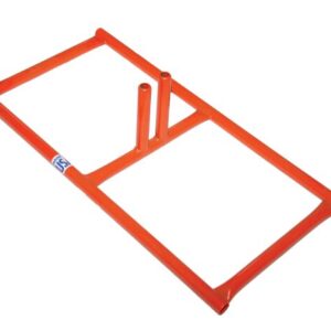 The Justrite Nrb features an orange metal frame resembling a 4 cart without wheels, with two vertical tubes centered and base feet for slight elevation. A small blue and white Justrite Nrb logo is visible on one side of this rectangular structure.