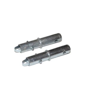 Two Justrite Nrb Acc Stacking Pins, 6 long, silver-colored with a slightly textured surface, lie parallel on a plain white background; each pin features notches and a circular hole near one end.