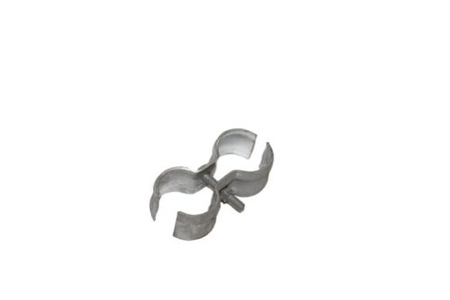 The Justrite Nrb, Acc, Rail Clamps, 6Ct includes crescent-shaped sections joined by a bolt to securely hold two tubes, isolated on a white background.