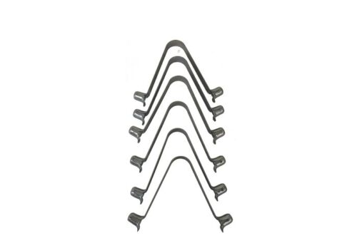 Six gray metal wire clamp hangers arranged in a cascading pattern on a white background showcase the innovative Spring Lock Ret mechanism for secure fastening, featured in the Justrite Nrb, Acc product.