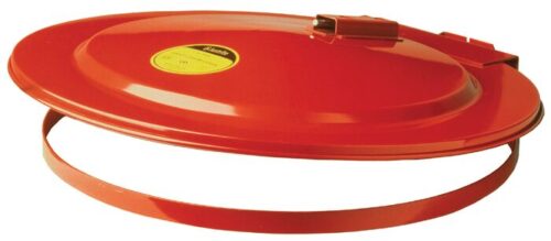 A red metal trash can lid, featuring a circular handle and a yellow sticker, includes a Justrite Cover with a fuse link for 30-gallon drums to enhance safety.