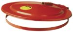 A red metal trash can lid with a flat top and yellow label near the handle is reminiscent of a Justrite Cover, Drum, W/Fuse Link F/55G. The lids circular design and attached metal ring are ideal for drum storage solutions.