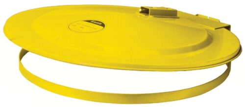 Resembling a Justrite 55 Gal Safety Drum Cover Yell, this yellow sled-like object has a circular base and a raised handle/lever on top, crafted from durable materials with a simplistic design.