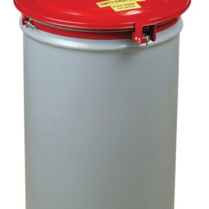 A gray metal safety can with a bright red lid and a yellow “EMPTY EVERY NIGHT” sticker features the Justrite Cover, Drum, Gskt/Vent F/55G Sc for secure closure, making it ideal for storage.