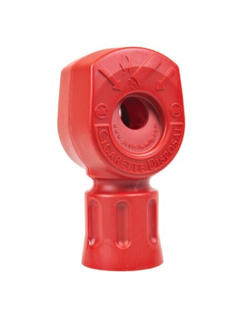 The Justrite Hvy Duty Smkr Head is a red plastic cigarette disposal unit with a round top opening, featuring embossed arrows and Cigarette Disposal text, offering a functional and compact design.