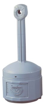 The pewter grey Justrite Smokers Cease Fire model features a tall column, a round base, and a circular lid with an opening for discreet cigarette butt disposal.