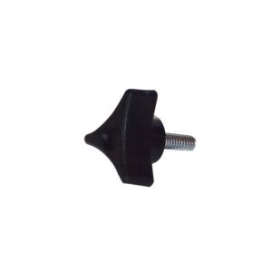 A black, star-shaped plastic screw knob with a metal thread is perfect for Justrite Smokers replacements. It has a central hole for easy grip and twist, with the screw extending from the bottom center against a white background.
