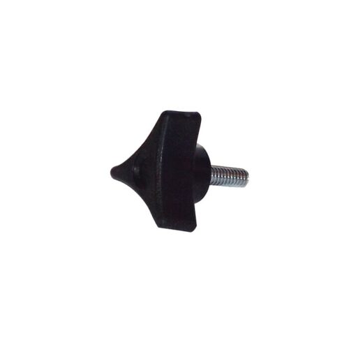 A black, star-shaped plastic screw knob with a metal thread is perfect for Justrite Smokers replacements. It has a central hole for easy grip and twist, with the screw extending from the bottom center against a white background.