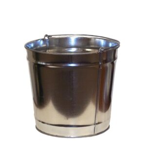 This silver metal pail, designed with a smooth, shiny finish and a handy side handle, features a tapered design that widens at the top. It is an elegant and sleek alternative to Justrite Smokers, highlighted against a plain white background.