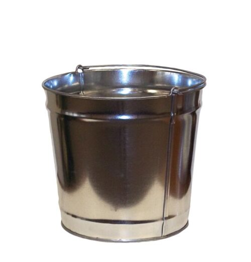 This silver metal pail, designed with a smooth, shiny finish and a handy side handle, features a tapered design that widens at the top. It is an elegant and sleek alternative to Justrite Smokers, highlighted against a plain white background.