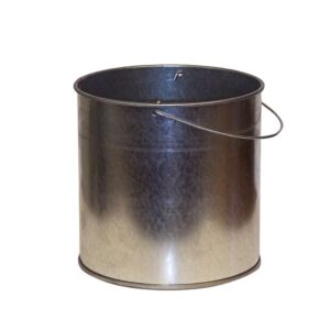 The Justrite Smokers Pail features a metallic cylindrical design with a thin wire handle on each side. Its shiny, reflective surface captures light brilliantly, and it appears empty against a plain white background.