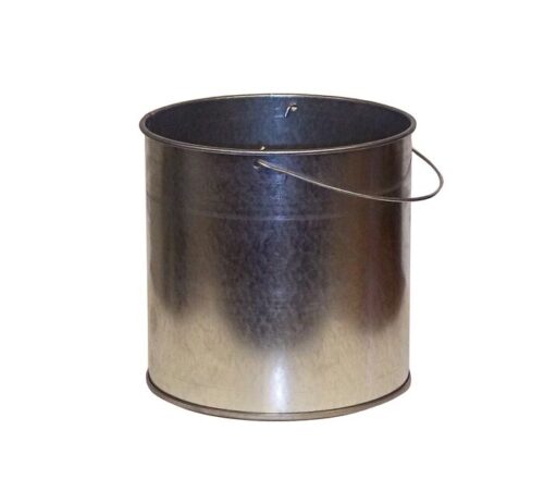 The Justrite Smokers Pail features a metallic cylindrical design with a thin wire handle on each side. Its shiny, reflective surface captures light brilliantly, and it appears empty against a plain white background.