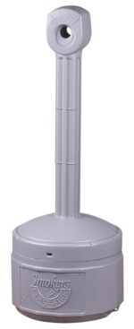 The Justrite Scf-Pewter Grey-Personal features a tall, sleek design with an elongated neck and round base. Its top has a small circular opening for cigarette disposal, and Smokers is embossed on the base, adding a personal touch to this outdoor receptacles sturdy build.
