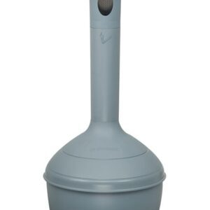 A tall, gray, cylindrical object with a rounded base and narrow neck featuring a small vent resembles the Justrite Elite Smoker Cease Fire Gray. It appears to be made of plastic and stands upright against a plain white background.