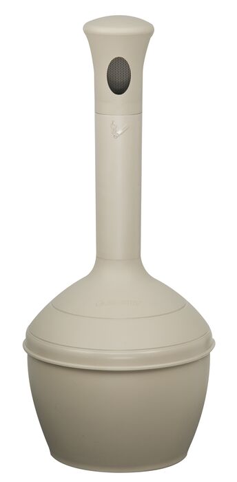 268502.jpg The Justrite Elite Smoker Cease Fire Tan is a tall, cylindrical, beige outdoor receptacle with a wide base, designed for safe cigarette butt disposal.