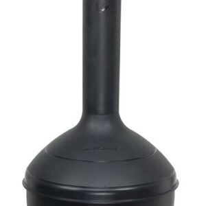 The Justrite Elite Smoker Cease Fire Black ashtray is a sleek outdoor solution, featuring a tall cylindrical top for cigarette disposal and a wider base for stability. Its narrow top opening effectively contains butts and ashes.