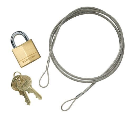 A photo shows a coiled steel cable with looped ends from the Justrite Anchoring Cable Kit, featuring a Master-branded brass padlock and two brass keys on a ring.