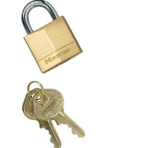 A Justrite Padlock with Master engraved sits above two brass keys on a ring, showcasing timeless security. The pristine white background emphasizes its elegance and design.