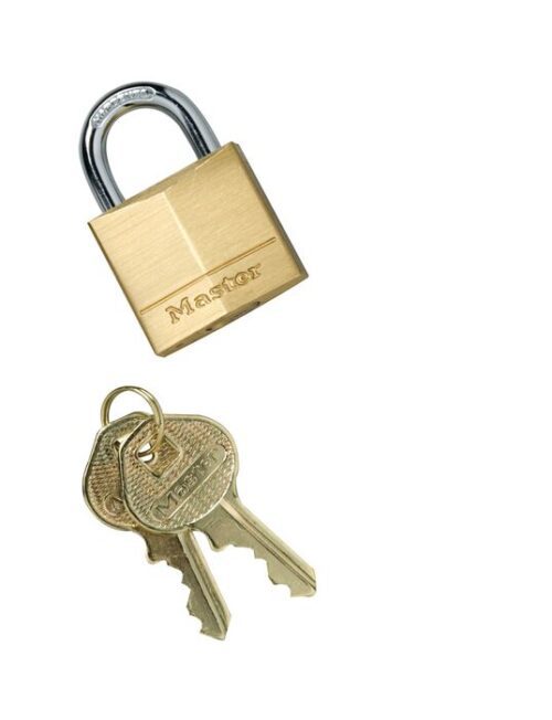 A Justrite Padlock with Master engraved sits above two brass keys on a ring, showcasing timeless security. The pristine white background emphasizes its elegance and design.