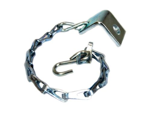 The Justrite Chain & Clip Assembly F/26750 includes a metal chain with a hook, elongated links, and an angled bracket featuring a mounting hole at the end.
